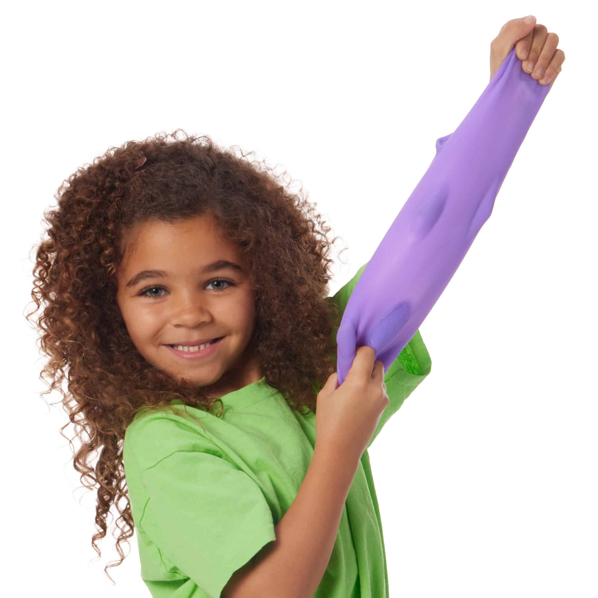 NeeDoh Super Cool Cats L0 - Lifestyle with girl stretching purple Super Cool Cat