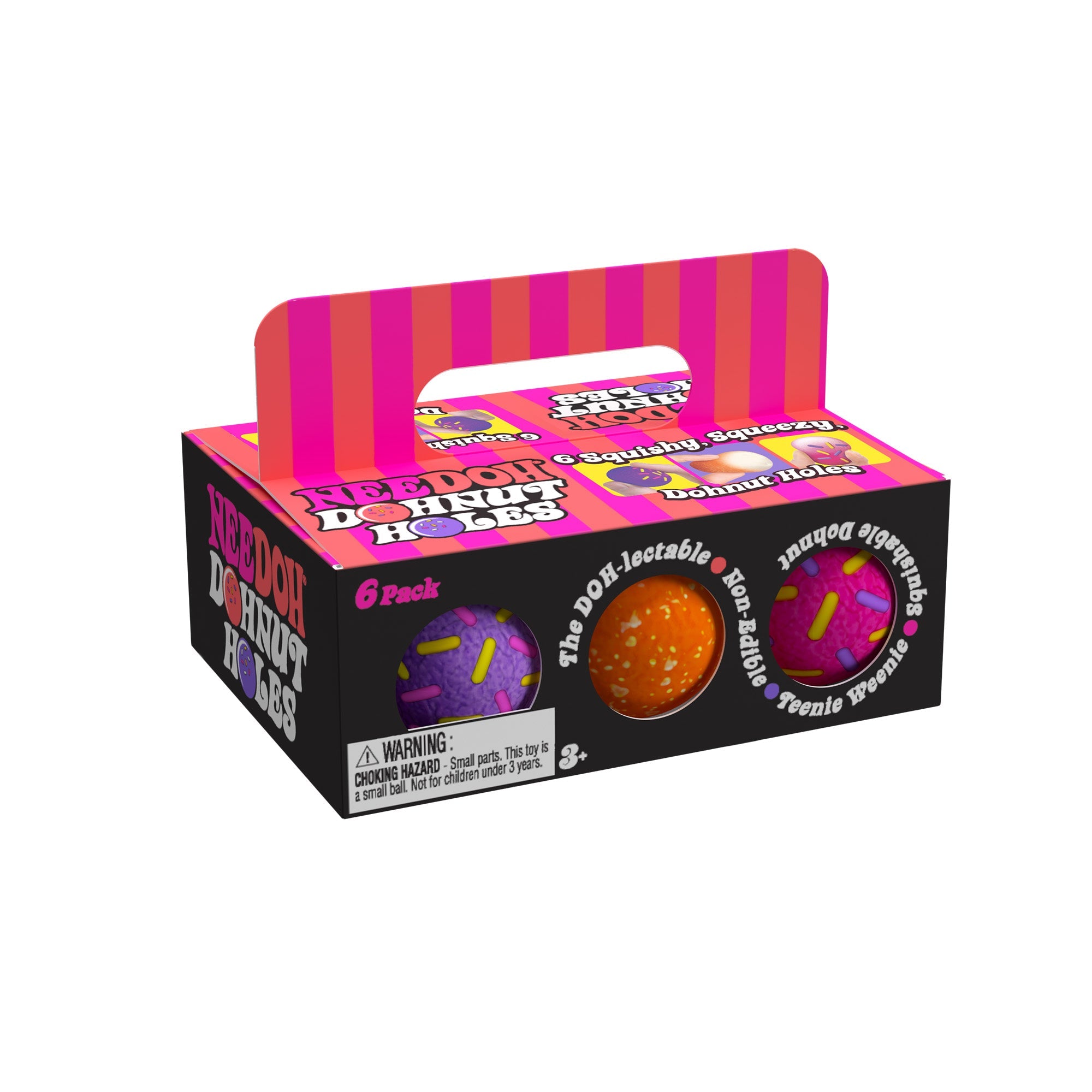 A box of 'NeeDoh Dohnut Holes T0' sensory balls, designed to look like a 6-pack of donut holes. The packaging is black with pink and orange stripes on the handle and top. The front of the box features images of two sensory balls: one purple with pink and yellow sprinkles, and one orange with white sprinkles. The text on the box includes phrases like 'The DOH-lectable', 'Squishable', 'Non-Edible', and 'Teenie Weenie'. There is a warning label indicating the toy is for ages 3 and up due to small parts.