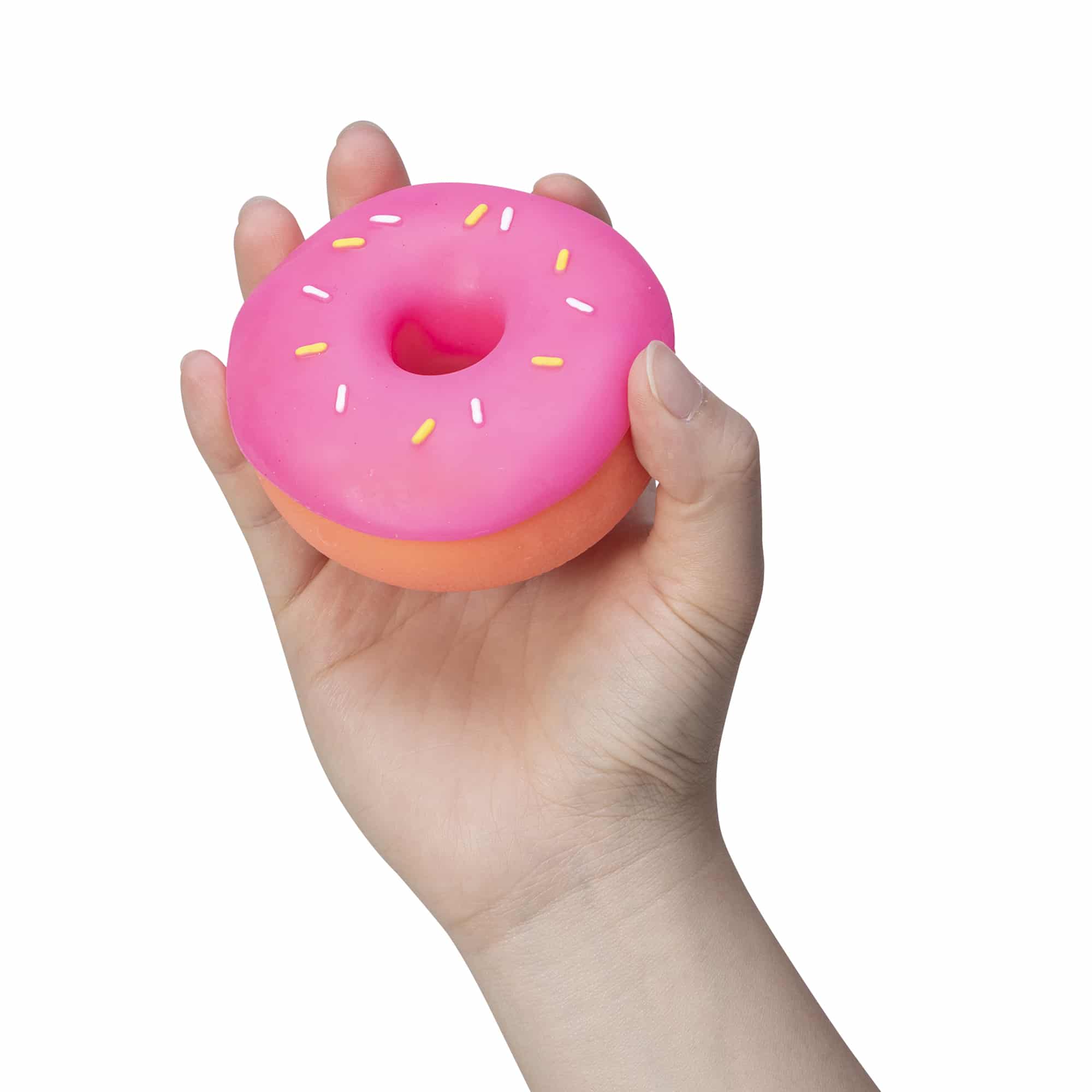 NeeDoh Dohnuts X1 Orange with Prink Frosting and Sprinkles in Hand