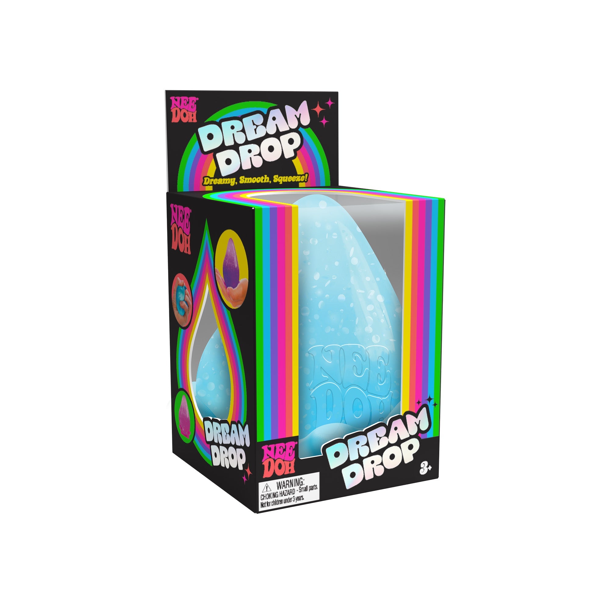 A NeeDoh Dream Drop V1 in its packaging. The packaging is primarily black with rainbow-colored accents and text that reads "Dream Drop V1" and "NeeDoh". The toy inside is a blue, drop-shaped, squeezable item. Suitable for ages 3 and up.
