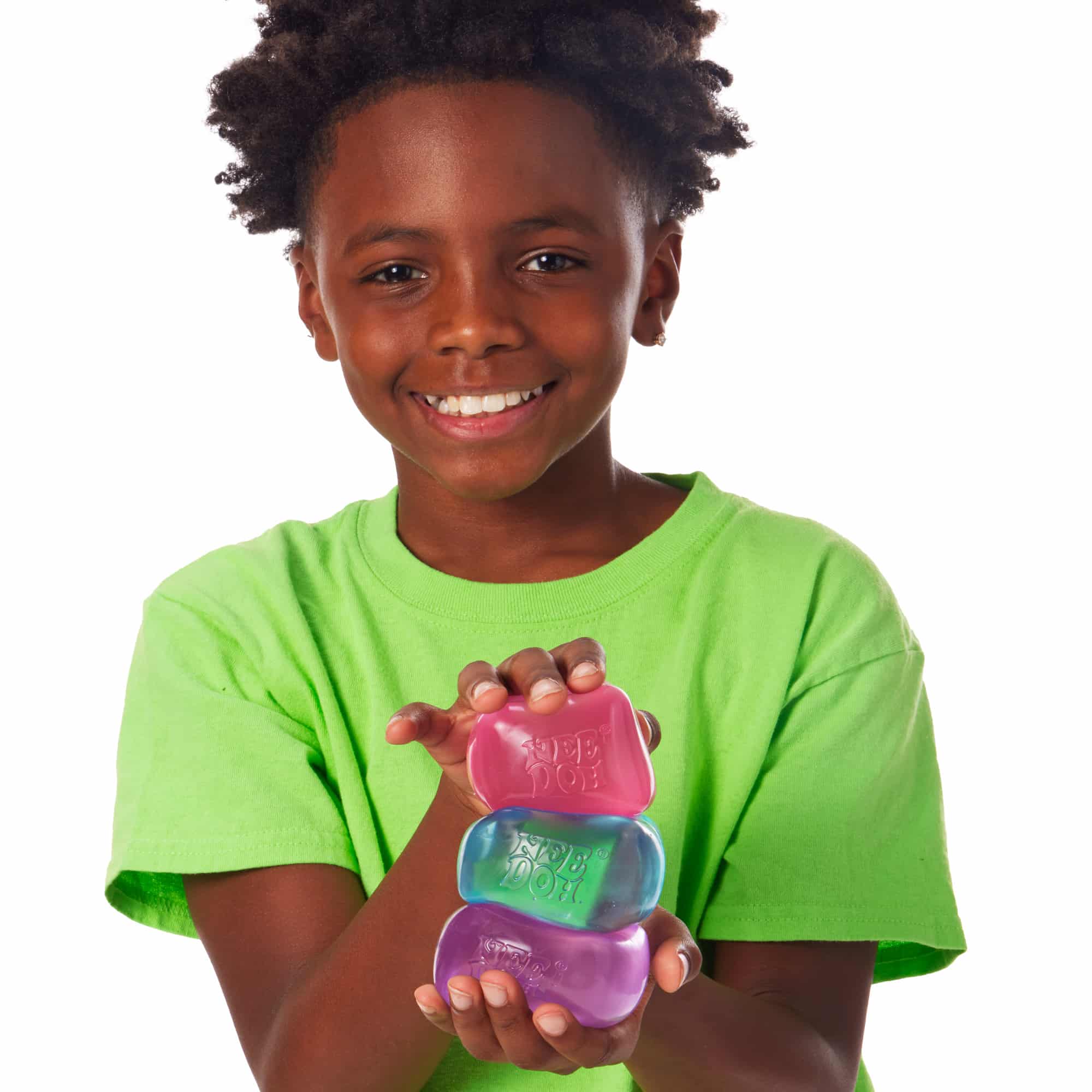 NeeDoh Nice Cube L8 Lifestyle of boy squeezing Nice Cube L8 stack