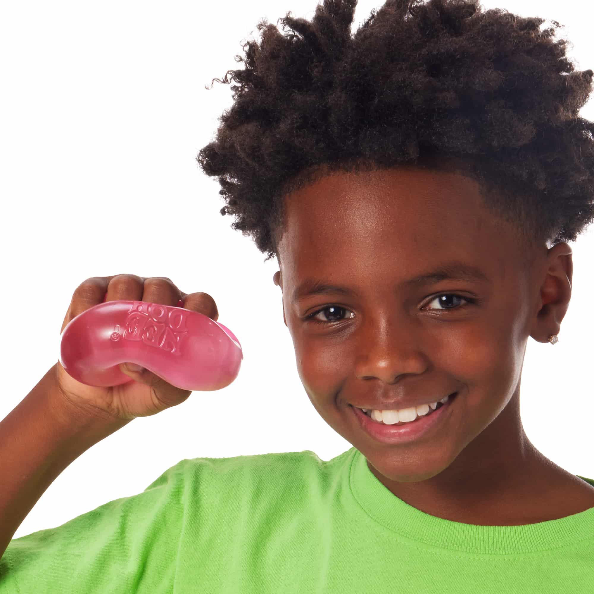 NeeDoh Nice Cube L8 Lifestyle of boy squeezing pink Nice Cube L8