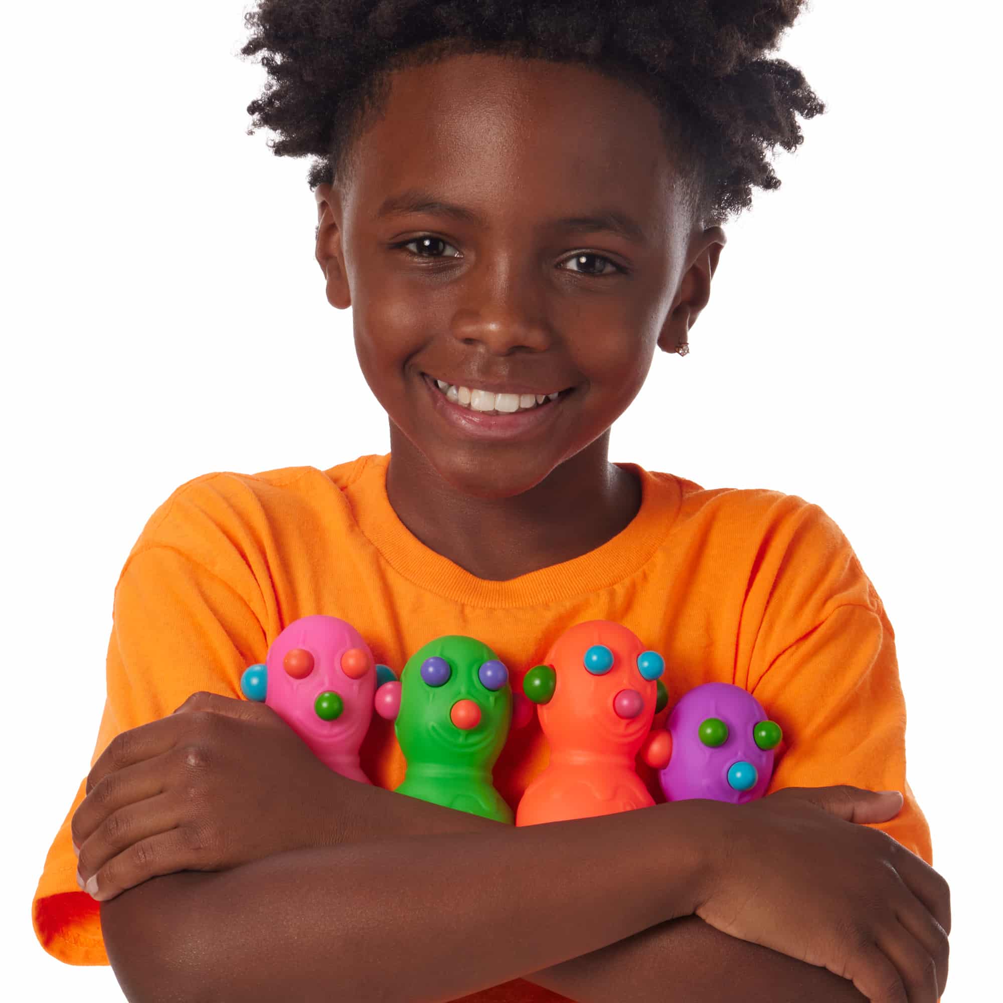 NeeDoh Panic Pete F0 Lifestyle with boy hugging all 4 Panic Pete F0 colors