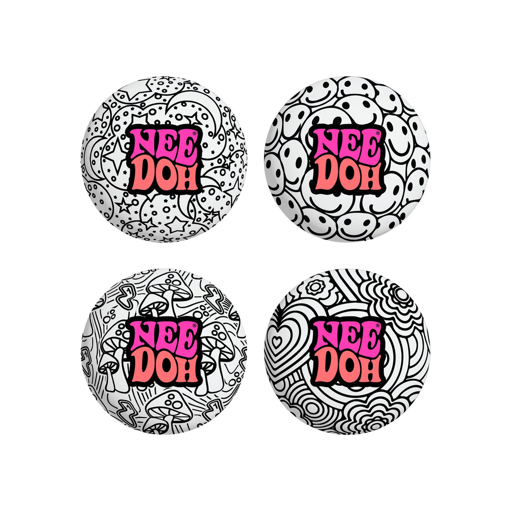 Four different black-and-white patterned NeeDoh Press-Doh L6 sensory squish balls. Patterns include mushrooms, smiley faces, flowers, and stars. Text on each reads "NeeDoh".