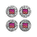 Four different black-and-white patterned NeeDoh Press-Doh L6 sensory squish balls. Patterns include mushrooms, smiley faces, flowers, and stars. Text on each reads "NeeDoh".