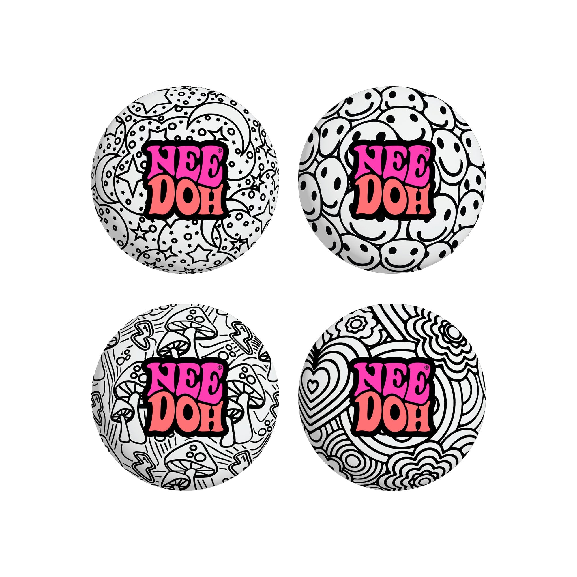 Four different black-and-white patterned NeeDoh Press-Doh L6 sensory squish balls. Patterns include mushrooms, smiley faces, flowers, and stars. Text on each reads "NeeDoh".