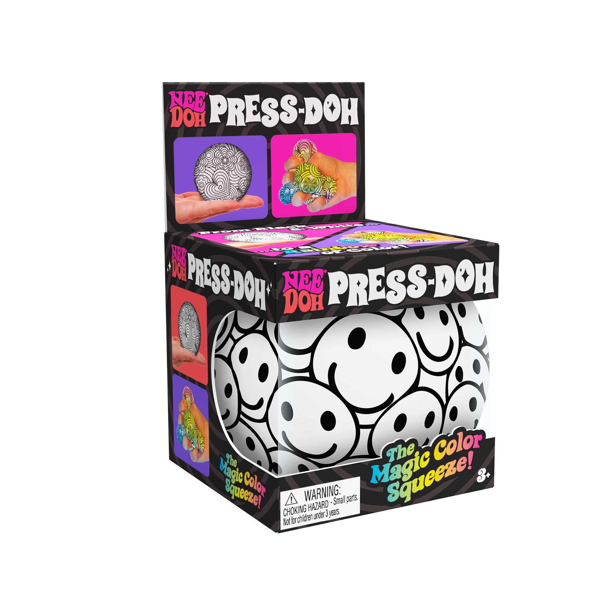 Packaging of the NeeDoh Press-Doh L6 with vibrant text and images. It features the tagline, "The Magic Color Squeeze!" A warning about the choking hazard for small parts is visible at the bottom. Suitable for ages 3+.